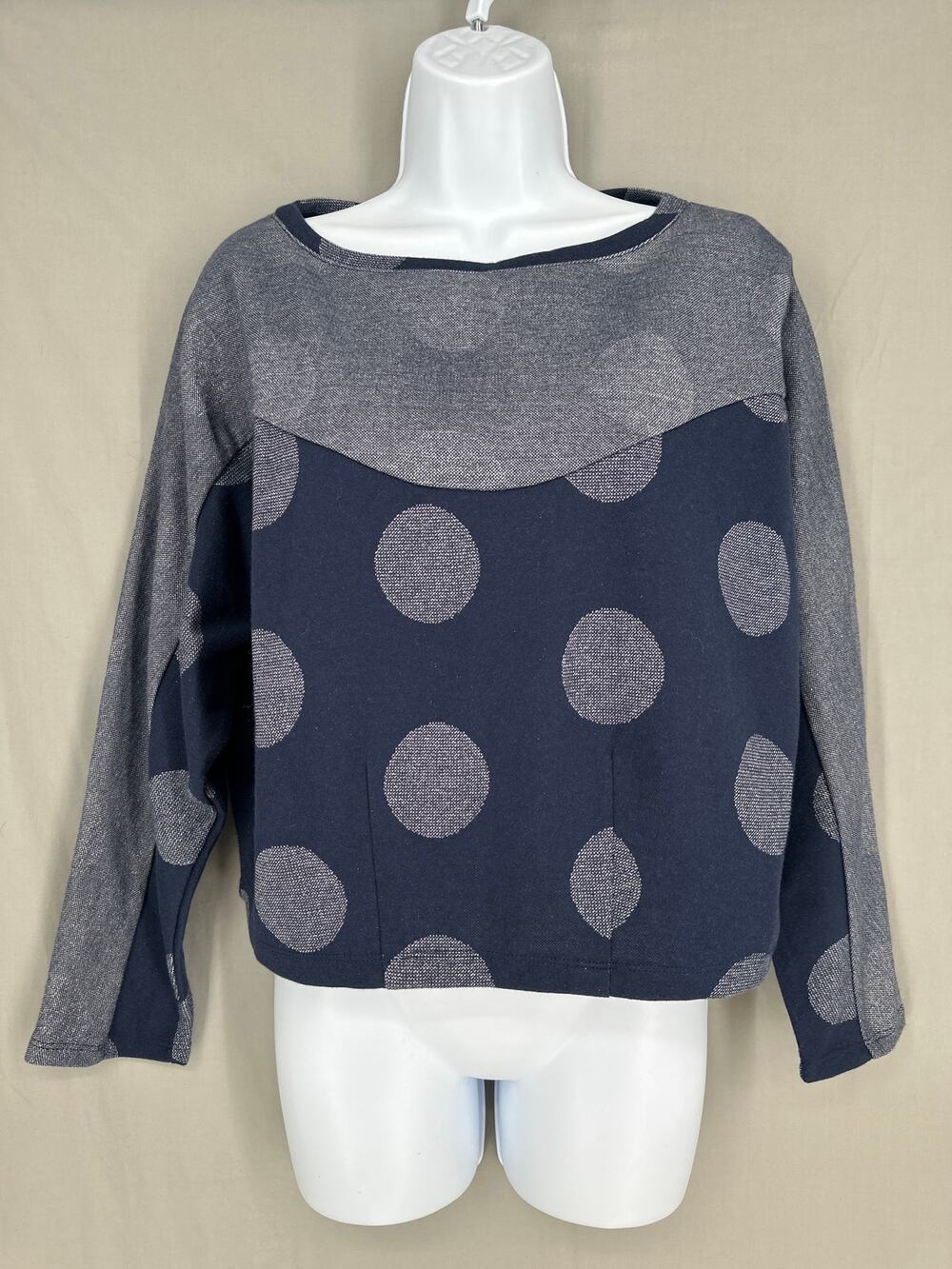 Postmark Anthropologie Sweater Women Small Navy Blue Polka Dot Silver Boxy Retro